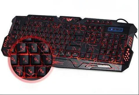 Black backlit gaming keyboard with blue LED glow, 49cm x 19cm, USB wired, adjustable stand