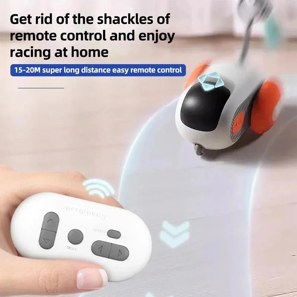 Blue smart cat toy car with feather teaser and remote control on a wooden floor