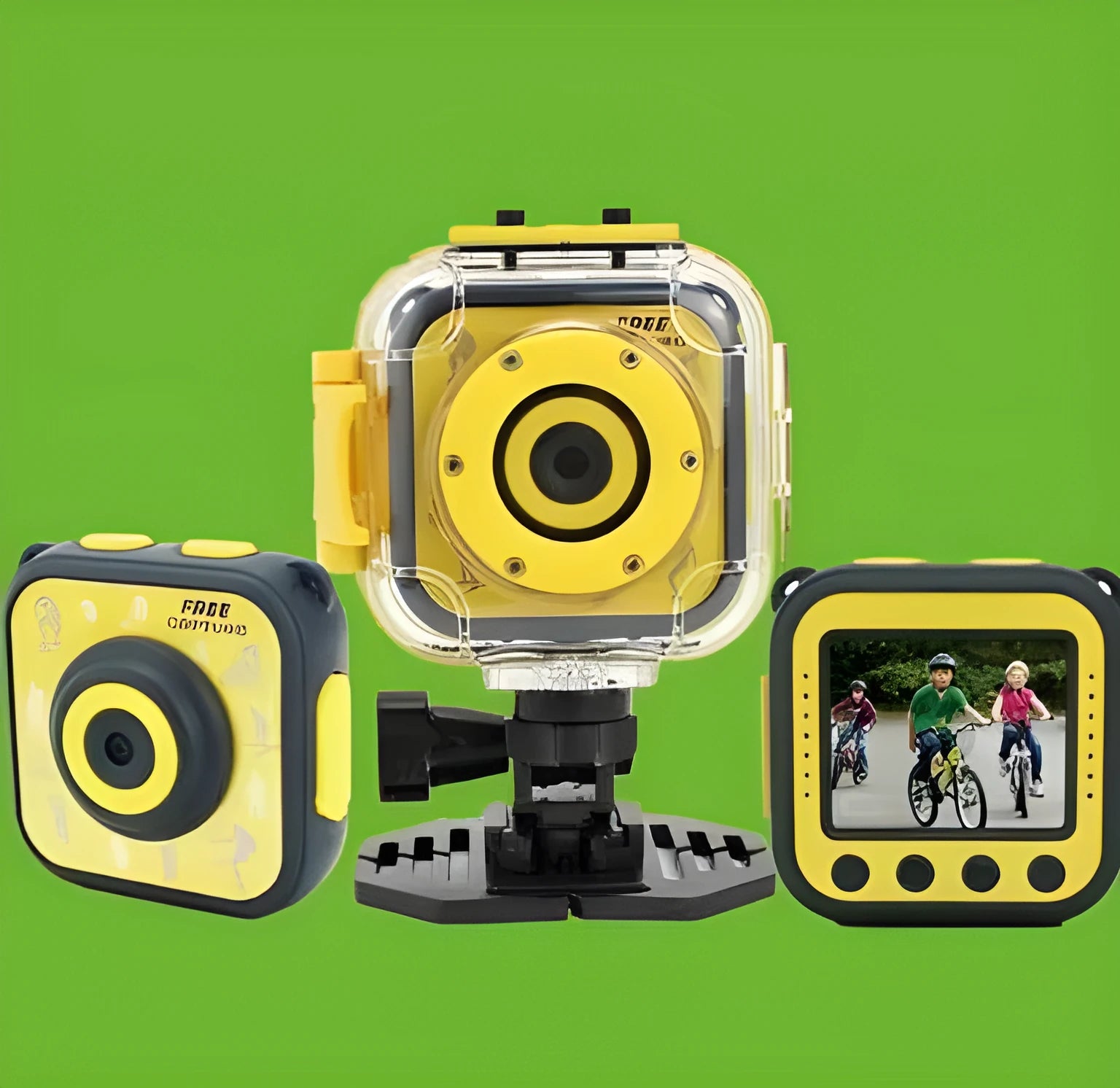 Yellow children's waterproof sports camera with 1.77-inch screen showing video playback