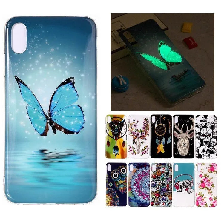 Luminous phone case with glowing butterfly design and colourful cartoon animal motifs
