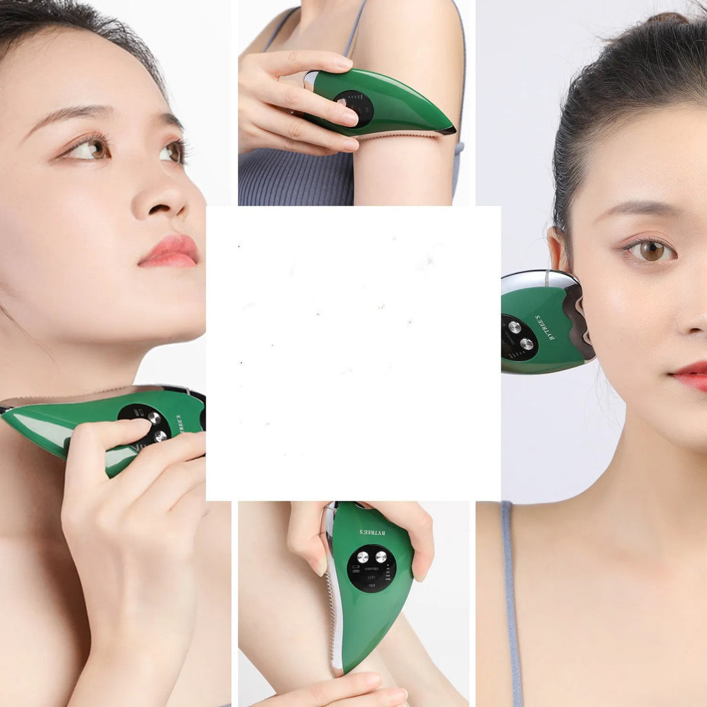 Green facial beauty instrument with plastic and metal body and USB cable