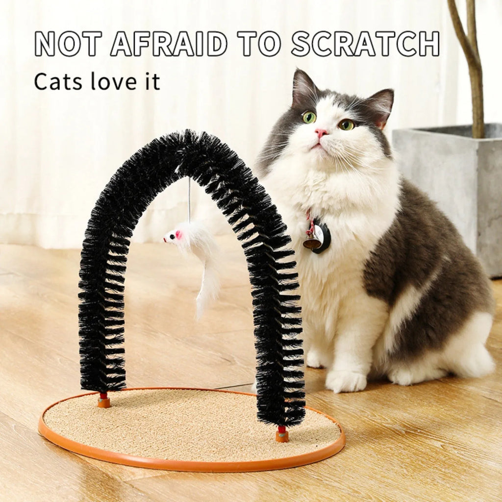 Black arch-shaped cat scratching post with anti-itch brush, non-slip base, and attached mouse toy