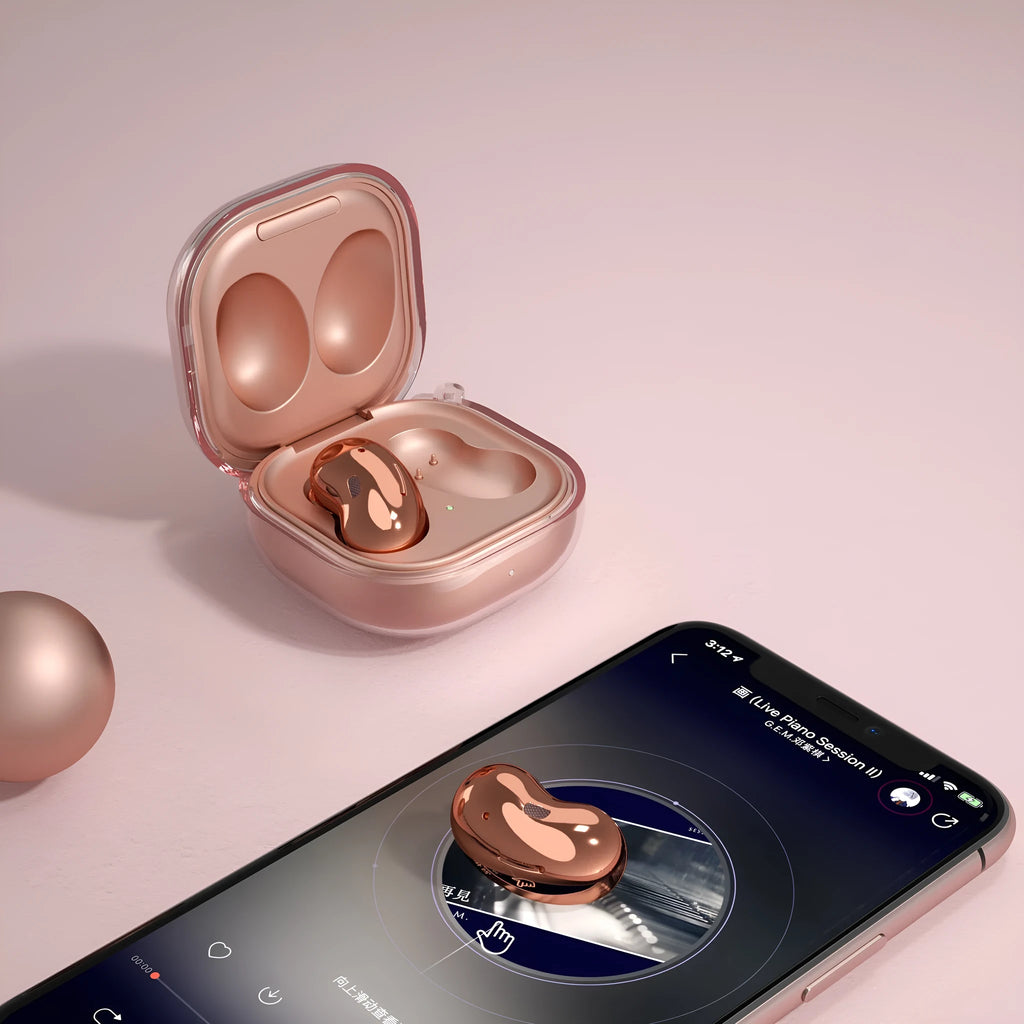 Translucent plastic replacement ear case for clamshell Bluetooth headphones in gold, black, purple, and clear.