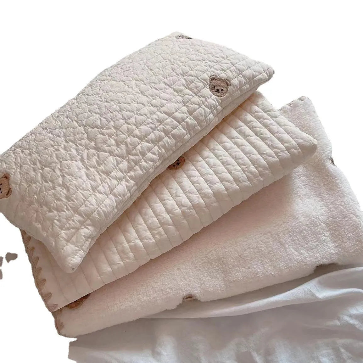 Simple Bear design dog bed set with pillow, mattress and comforter on grey background