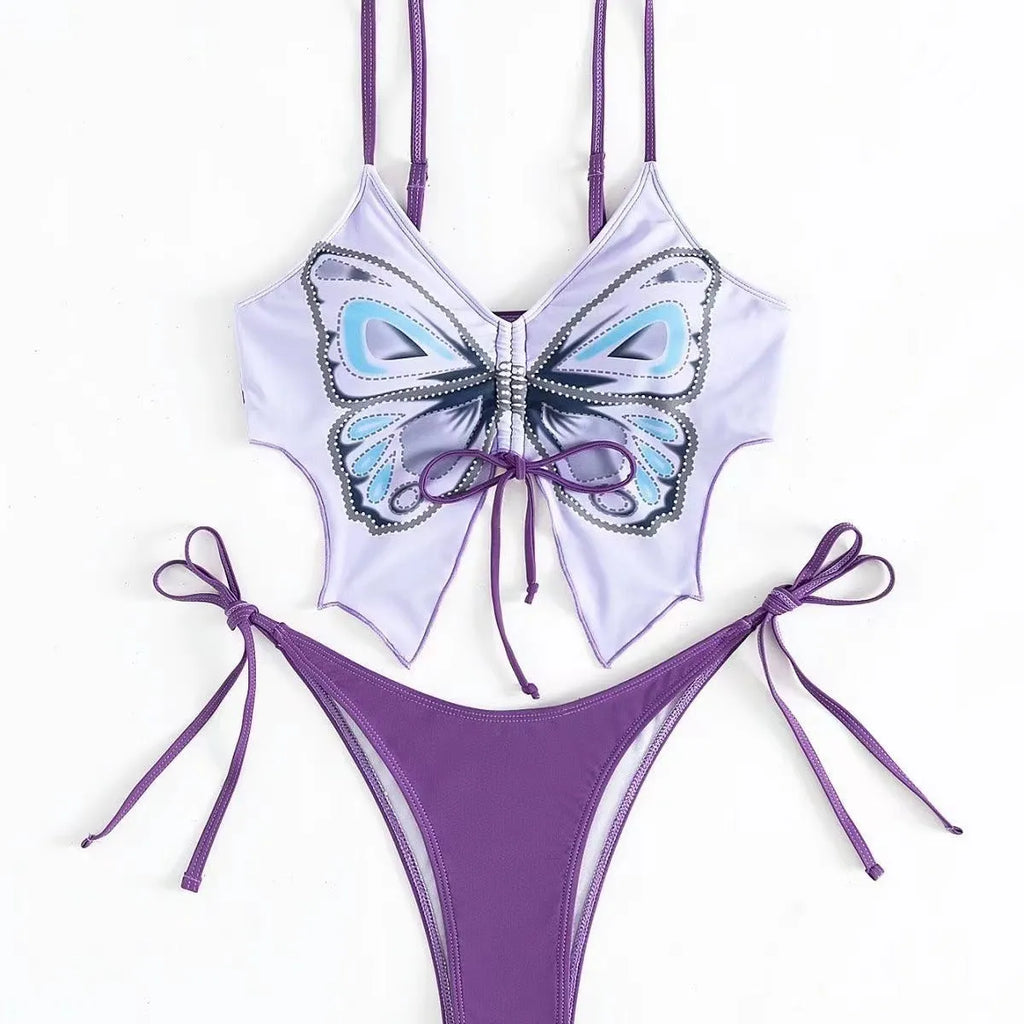 Women's bow ins style split bikini suit in sleeveless design with European American pattern