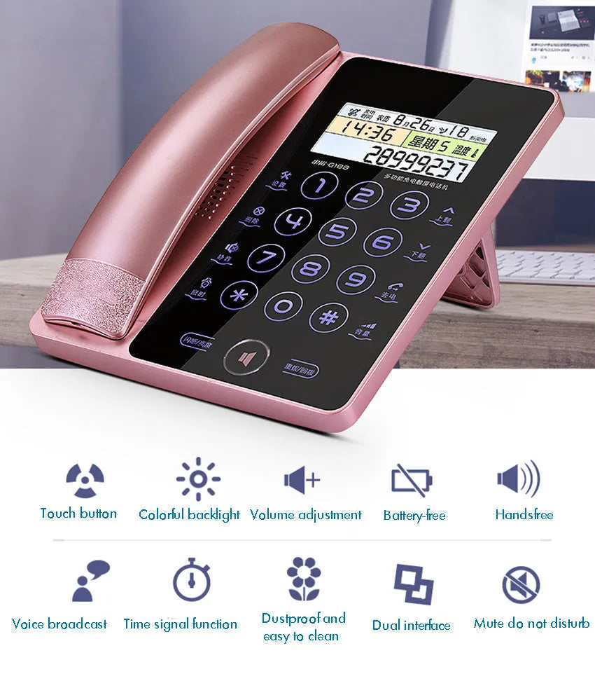 Gold G188 landline telephone with LCD touch screen display showing caller information and lunar calendar