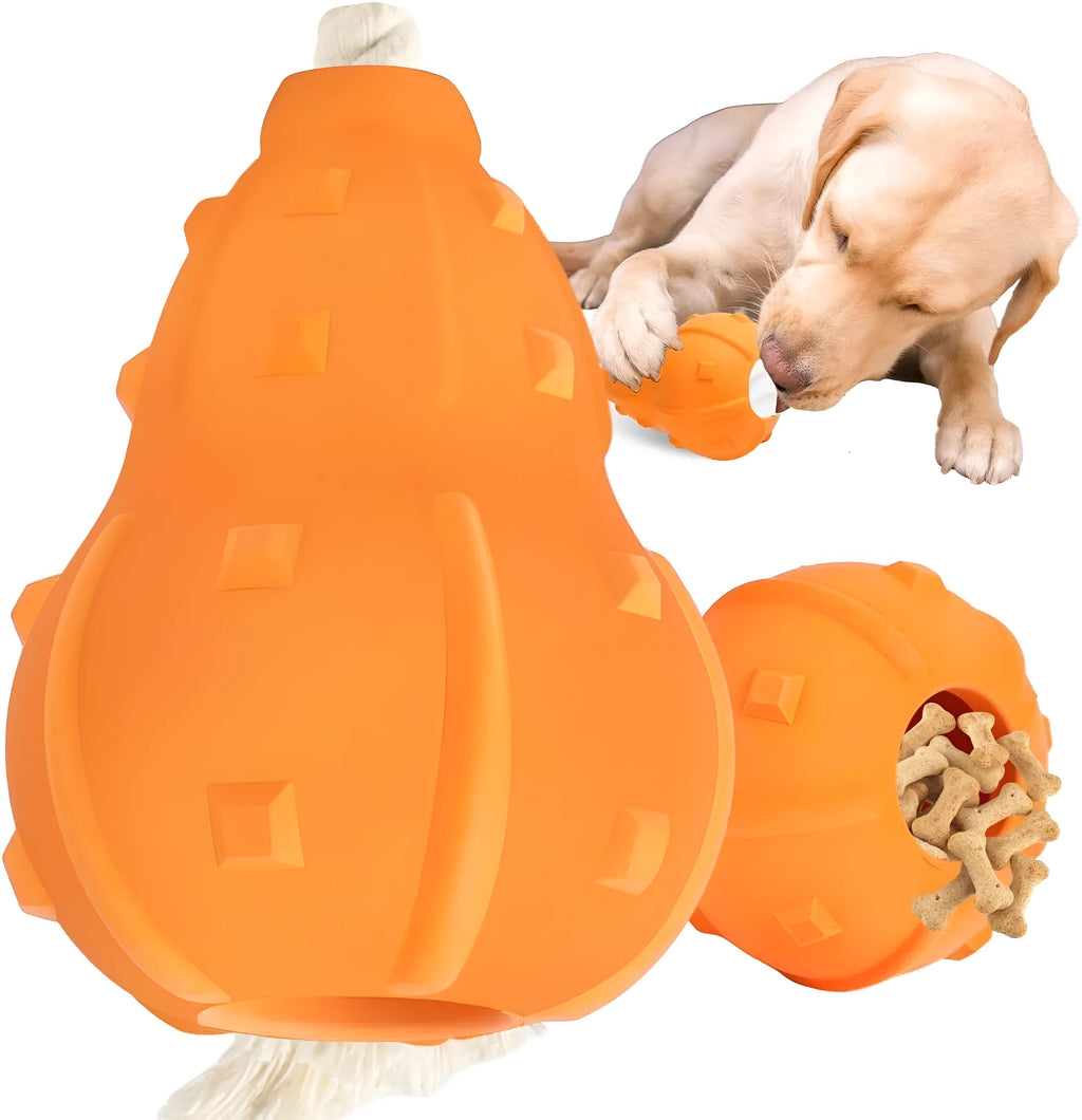 Natural rubber stuffable dog toy with a long strap for fetching, shown next to a measure showing 30cm length.