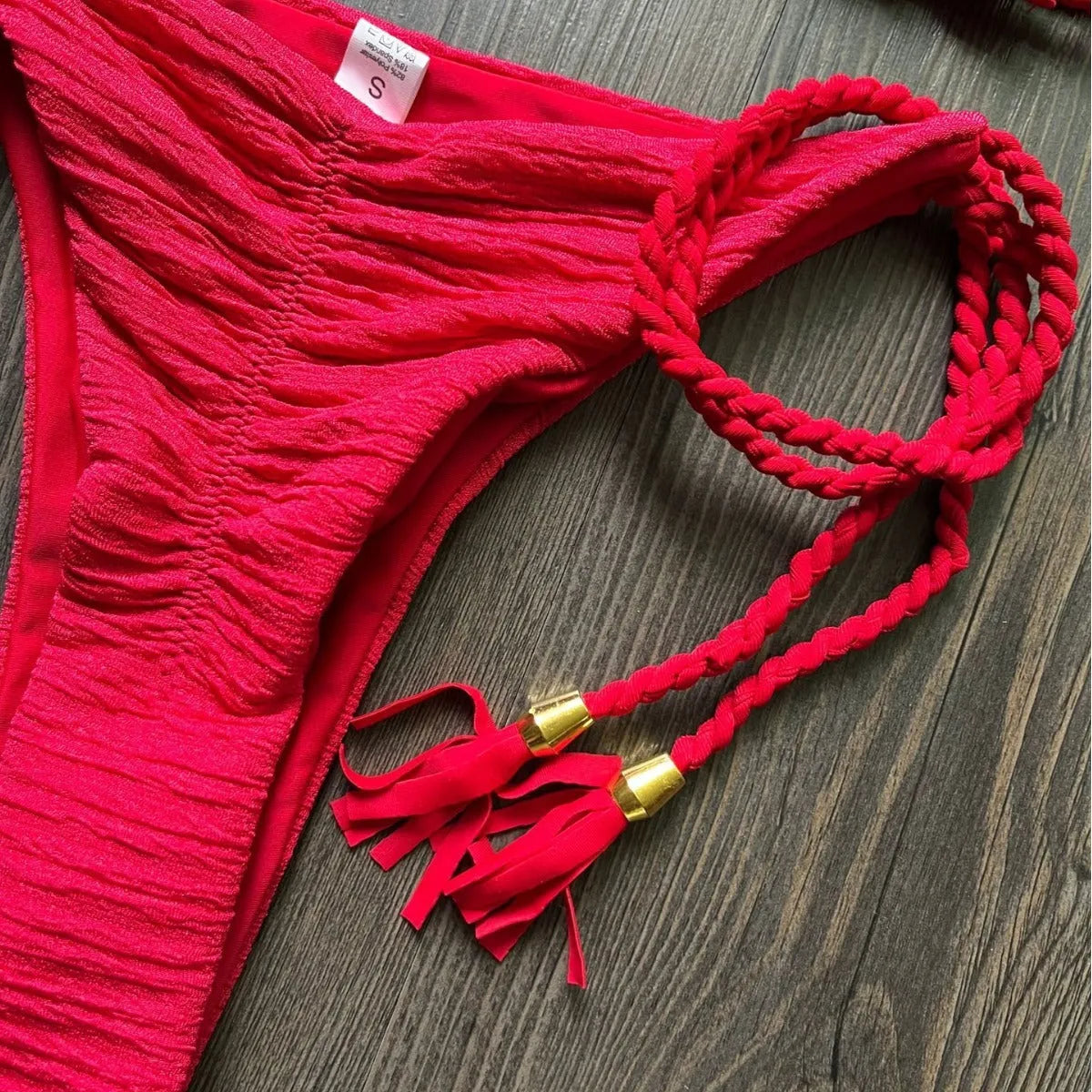 Women's fashion braided rope bikini suit in solid colour with cotton lining and nylon fabric