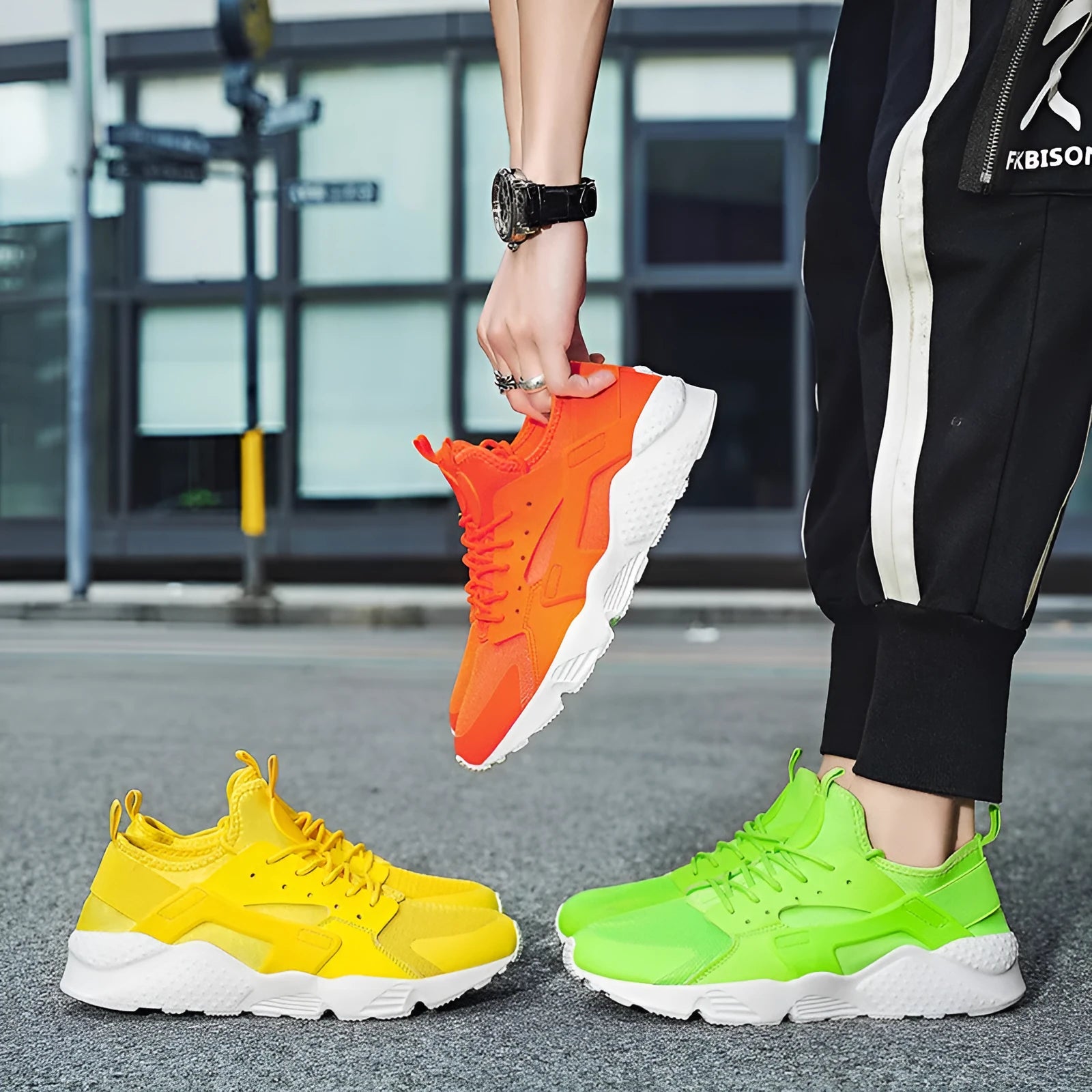 Men's fluorescent red mesh casual low-top shoes with cross shoulder straps and flat sole
