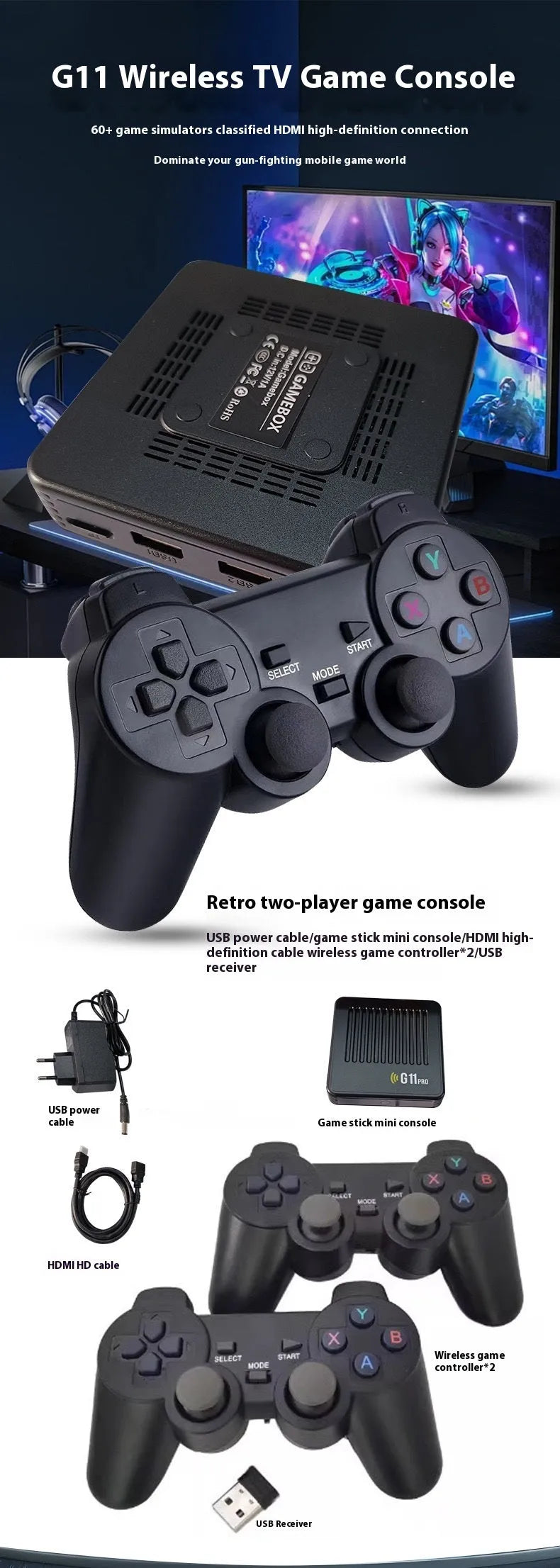 G11 PRO dual system TV set-top box and open source game console in black with HDMI and memory options