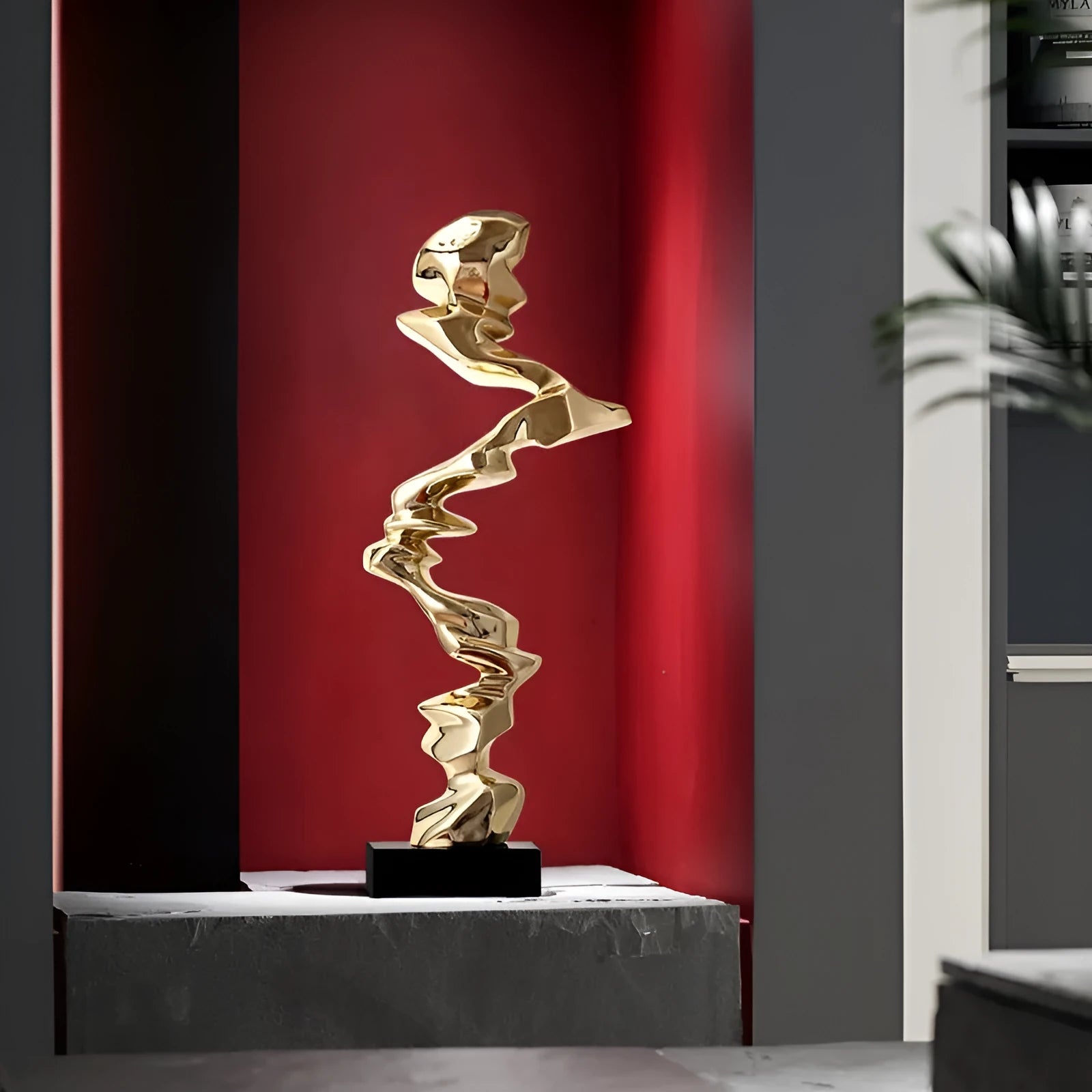 Abstract minimalist resin ornament in metallic colours for modern interior decoration
