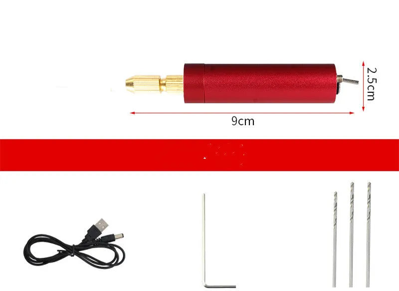 Small aluminium USB electric drill and grinder with three drill bits and cable on a white background.