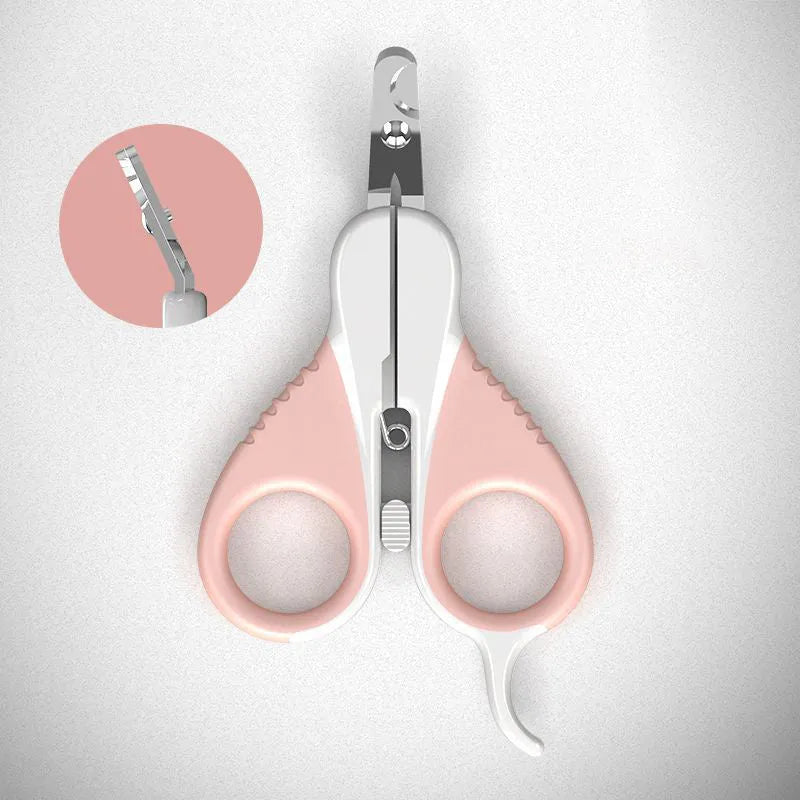 Grey and pink cat nail clippers with angled blade and safety guard for small pets