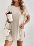 Women's cotton crew neck shorts suit in black, grey or khaki with ribbed detailing