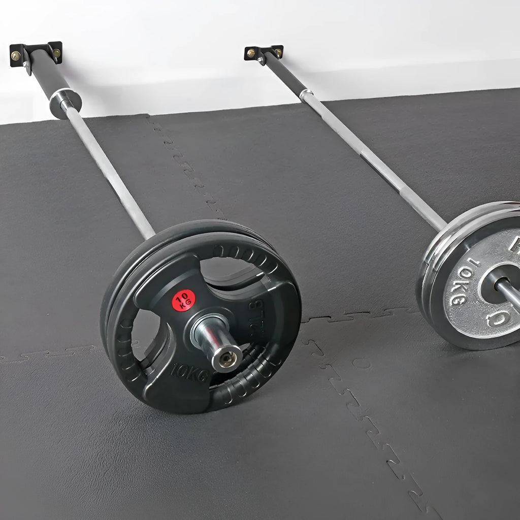 Steel wall-mounted barbell gun barrel rack with 25 tubes for rod storage.
