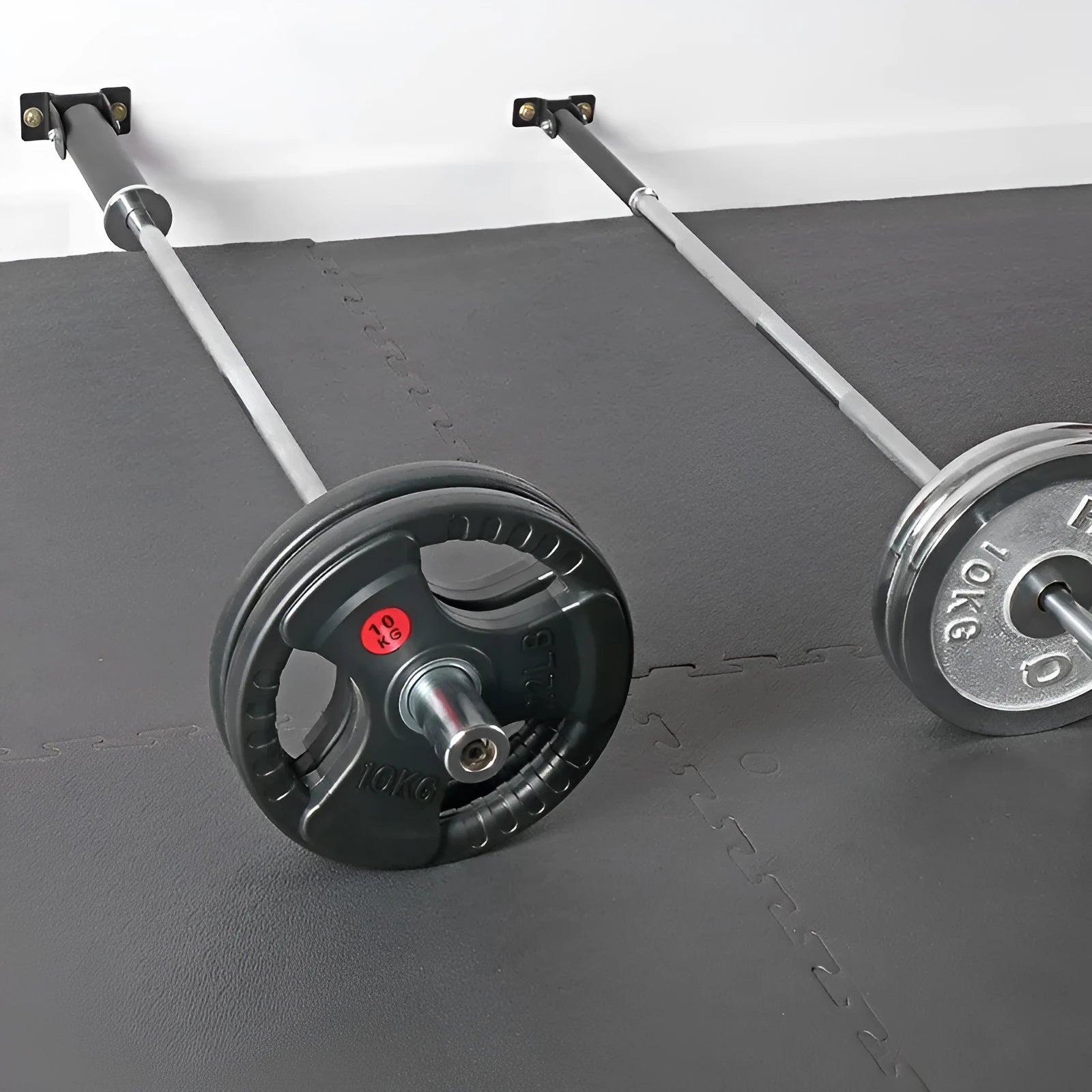 Steel wall-mounted barbell gun barrel rack with 25 tubes for rod storage.