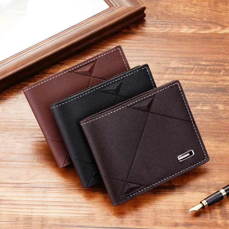 Men's thin black three-fold horizontal leather wallet showing multiple card slots.