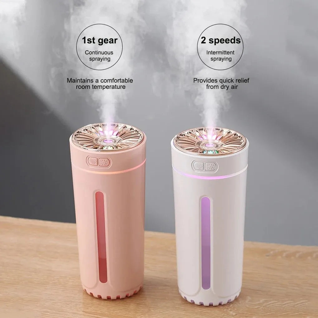 Black portable USB humidifier with colourful lights on a car cup holder.