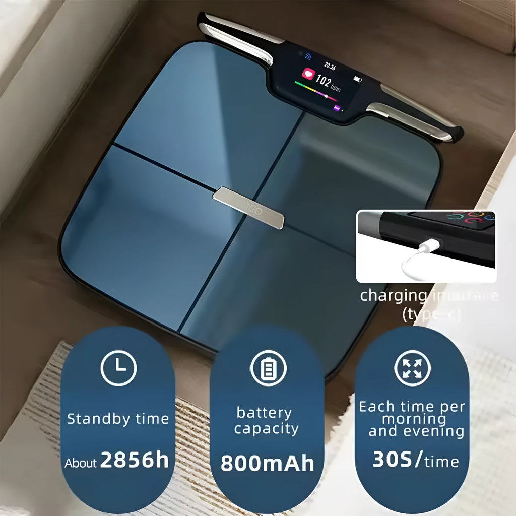 Black eight-electrode body fat scale on a floor, showing a simple square design with integrated electrodes.
