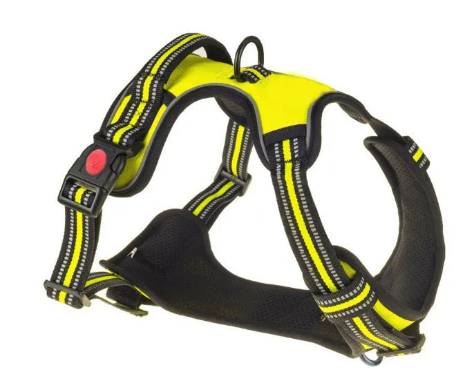 Reflective adjustable dog chest harness in black, red, or green, sizes M to XXL for medium and large dogs.