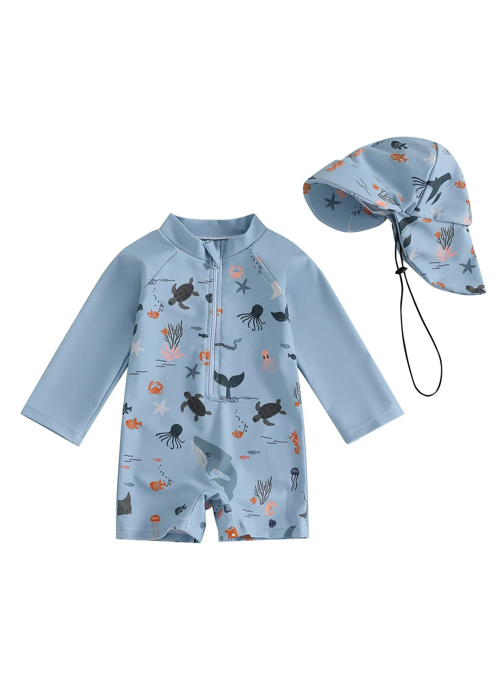Boys one-piece long sleeves swimsuit in light blue with matching hat, cartoon pattern, sizes 70 to 120 cm