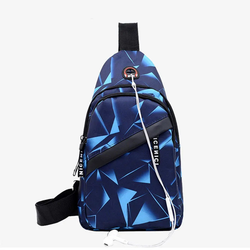 Blue Oxford cloth crossbody chest bag for men with an earphone hole and zipper.