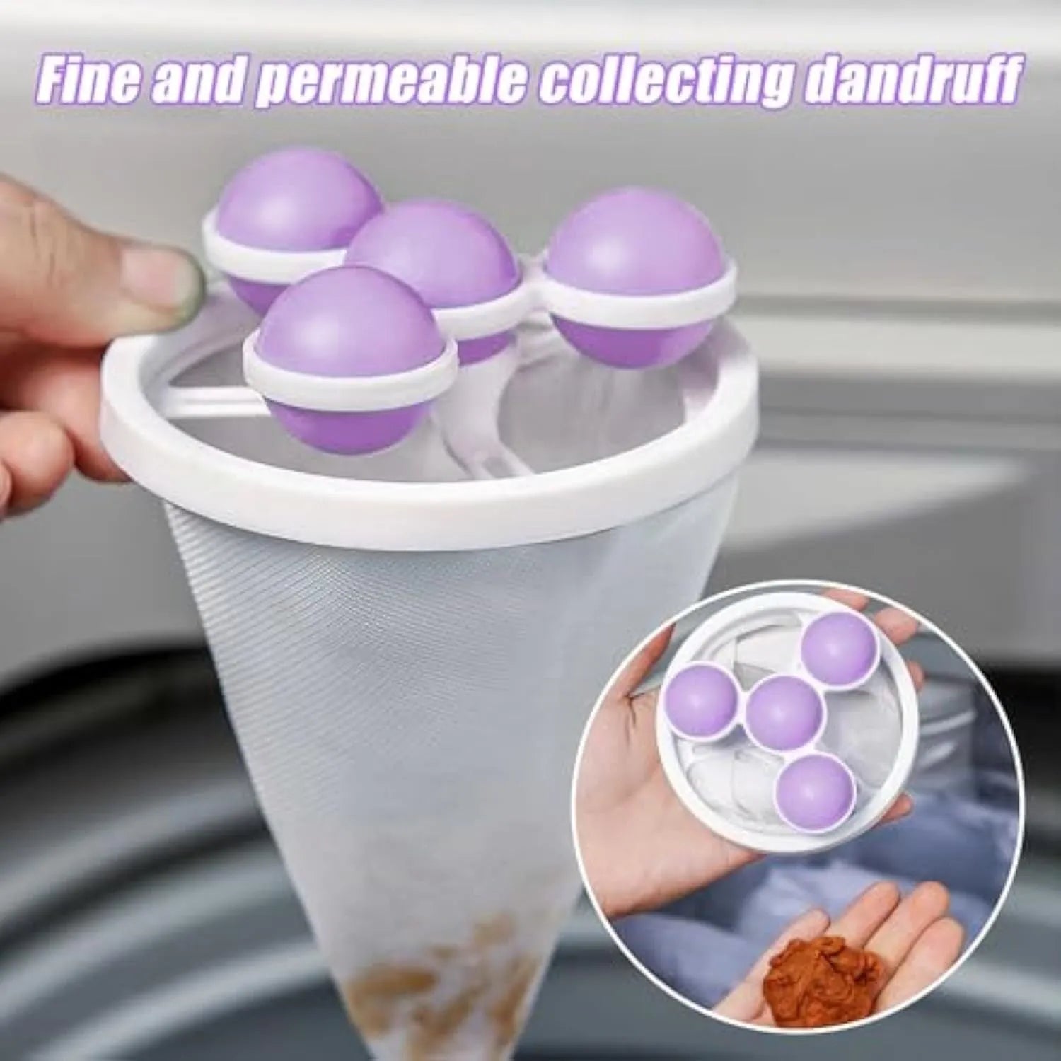Set of three reusable pink, blue, and purple washing machine hair filter bags for catching pet hair and lint.
