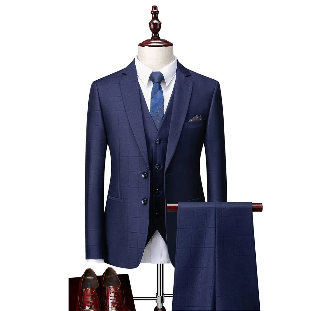 Men's navy blue slim fit three-piece plaid business casual suit with jacket, vest and trousers