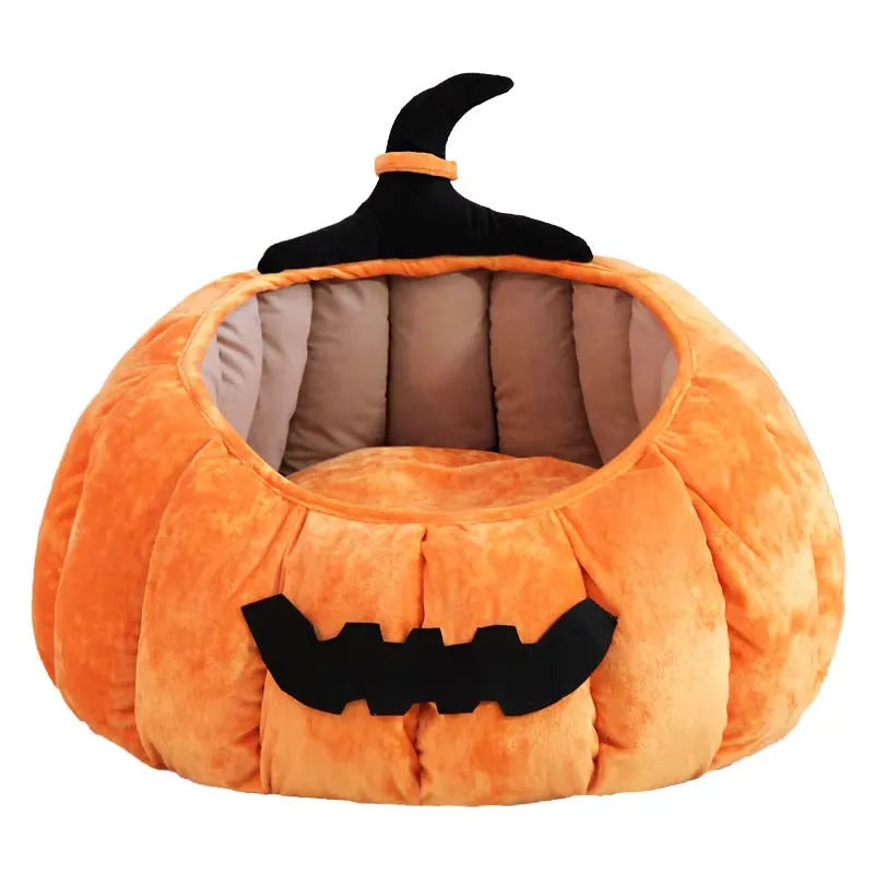 Halloween pumpkin-shaped cat bed with cartoon devil design in soft plush material
