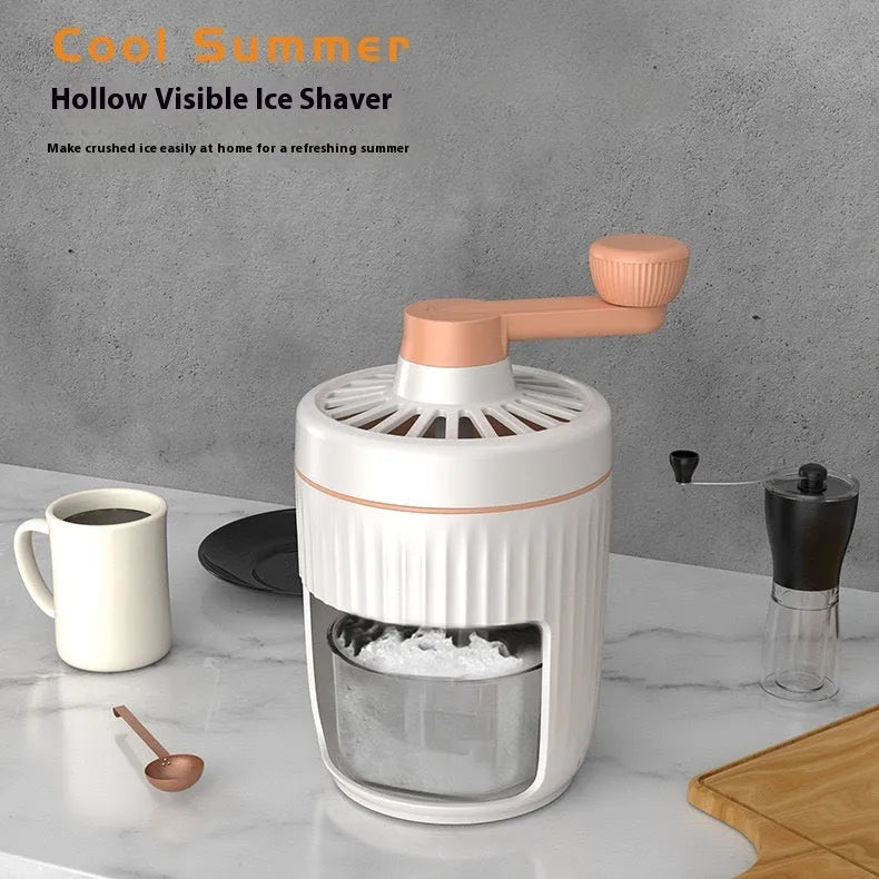 Hand-cranked ice shaving machine in green or orange with removable ice box, PP ABS and 304 stainless steel construction