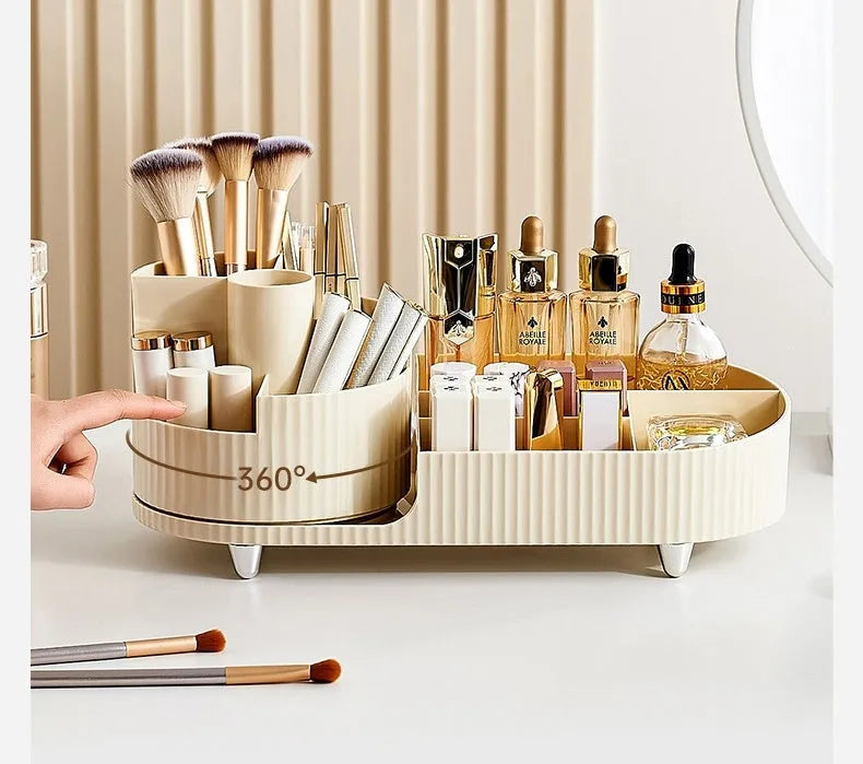 Rotating cosmetics storage box with makeup brushes and lipsticks organised on dressing table