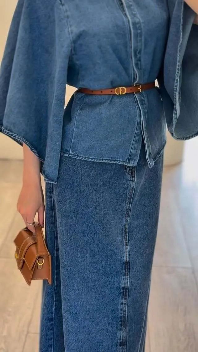 Denim cape style top and maxi skirt set in denim colour, regular fit two-piece outfit