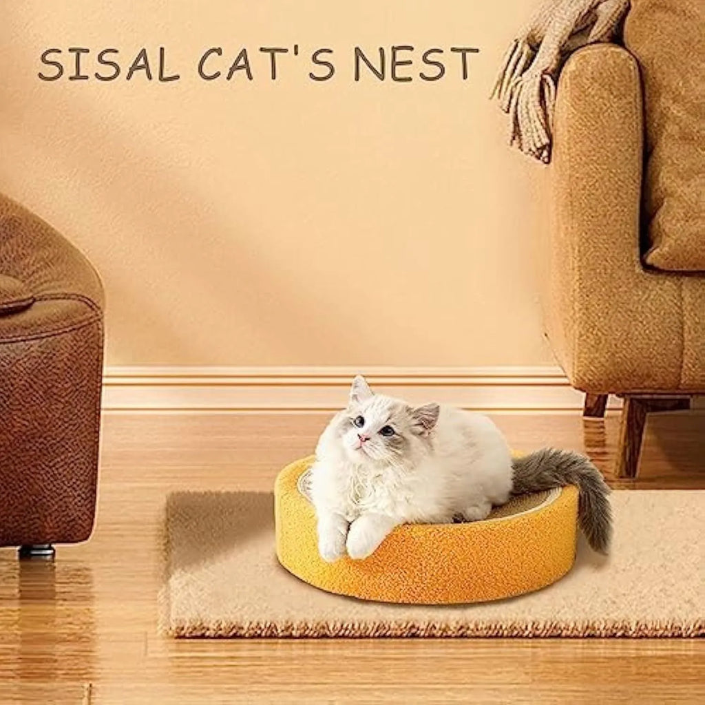 Round yellow fruit-shaped sisal cat scratching board and bed for small breeds.