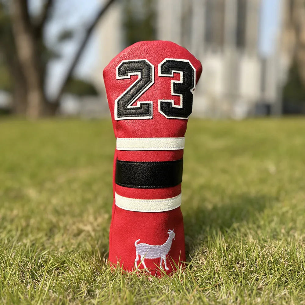 Set of four PU golf club headcovers including a square putter cover and chicken drumstick wood covers