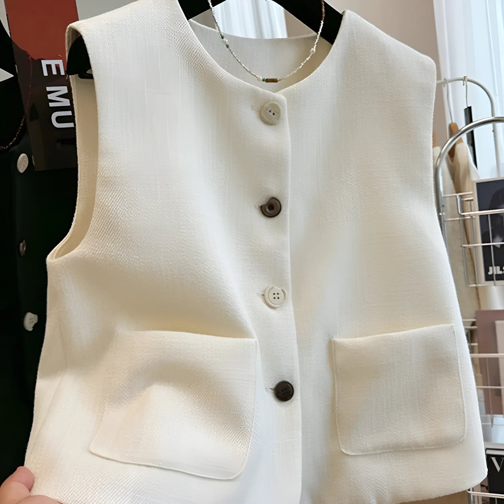Women's milky white sleeveless bandage vest with round neck, French style design