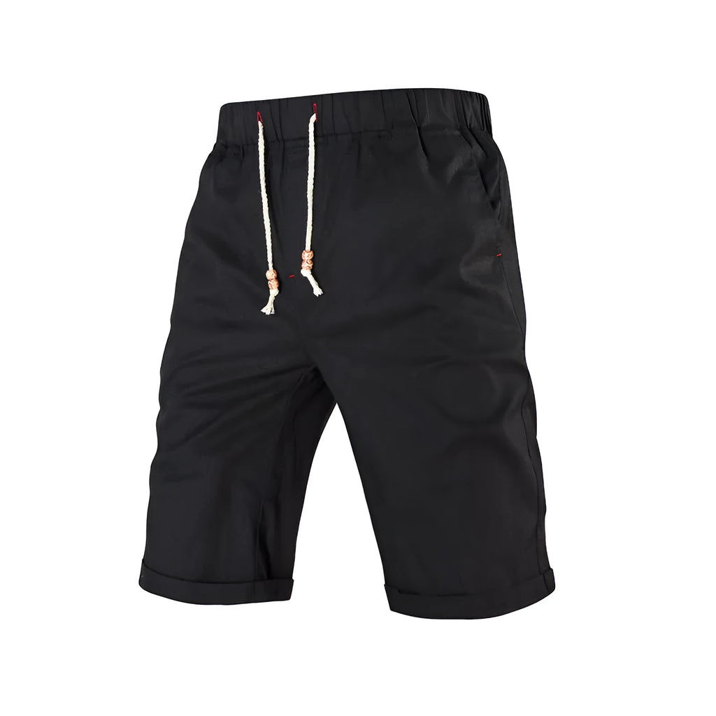 Men's solid colour cotton blend sports shorts with drawstring waistband and zipper pocket