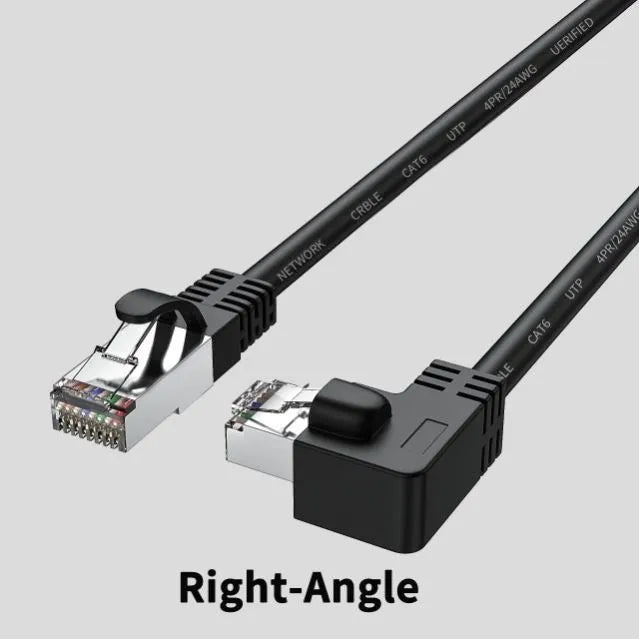 Black Cat6 Ethernet cable with right-angle metal RJ45 connector showing different orientation options