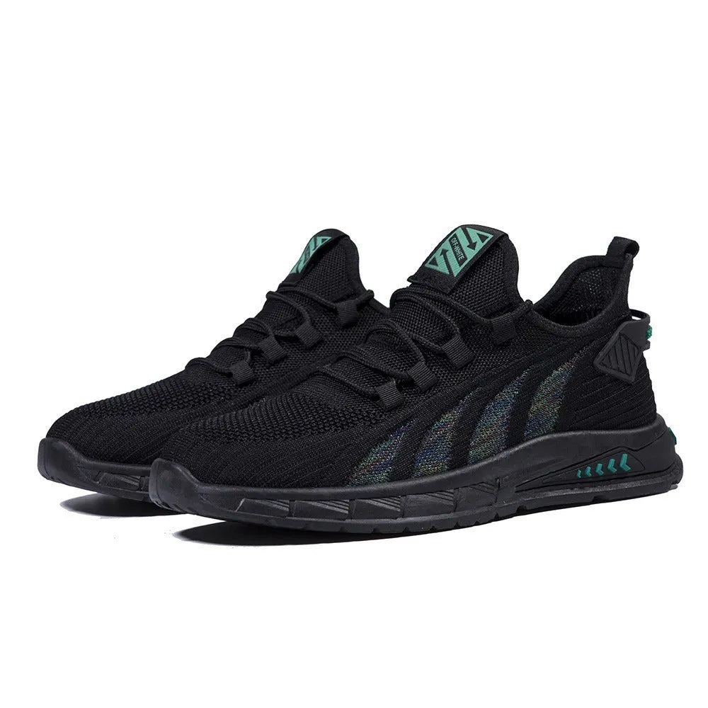 Low-top mesh sneaker with plastic sole in black colour showing striped pattern and flat heel design