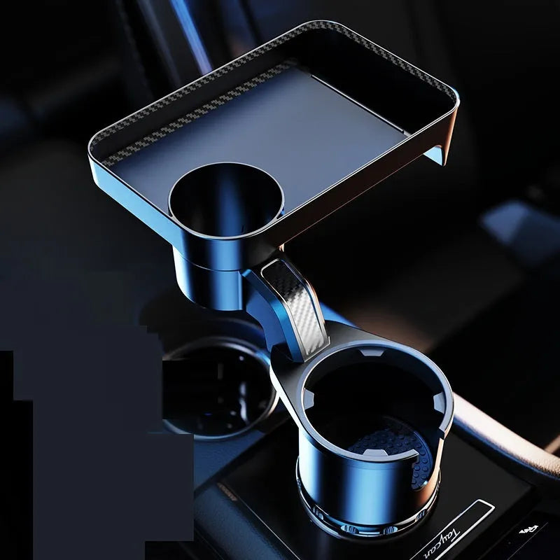 Black ABS plastic car-mounted rotating dinner tray holder with an integrated cup holder.