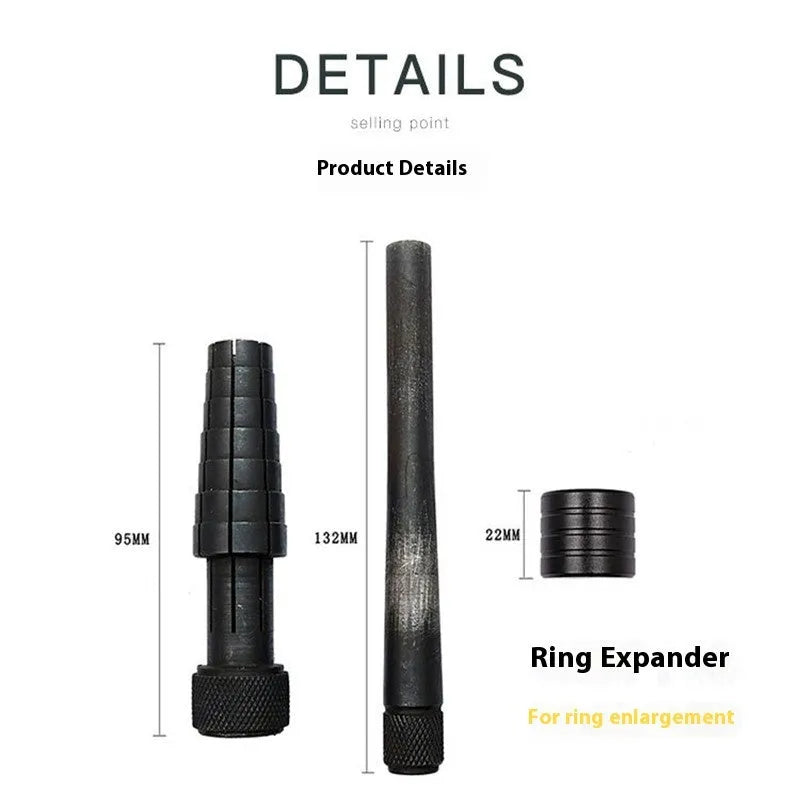 Plastic ring expansion tool with rotating expander mechanism and rubber hammer for jewellery size adjustment