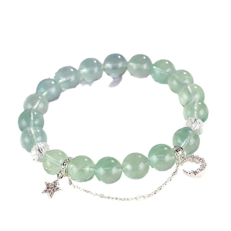 Green fluorite bracelet with star moon charms and white crystal stones in Korean jewellery style