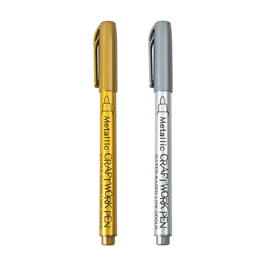 English Packaging metal paint pen with plastic shell, shown in gold and silver colour options.