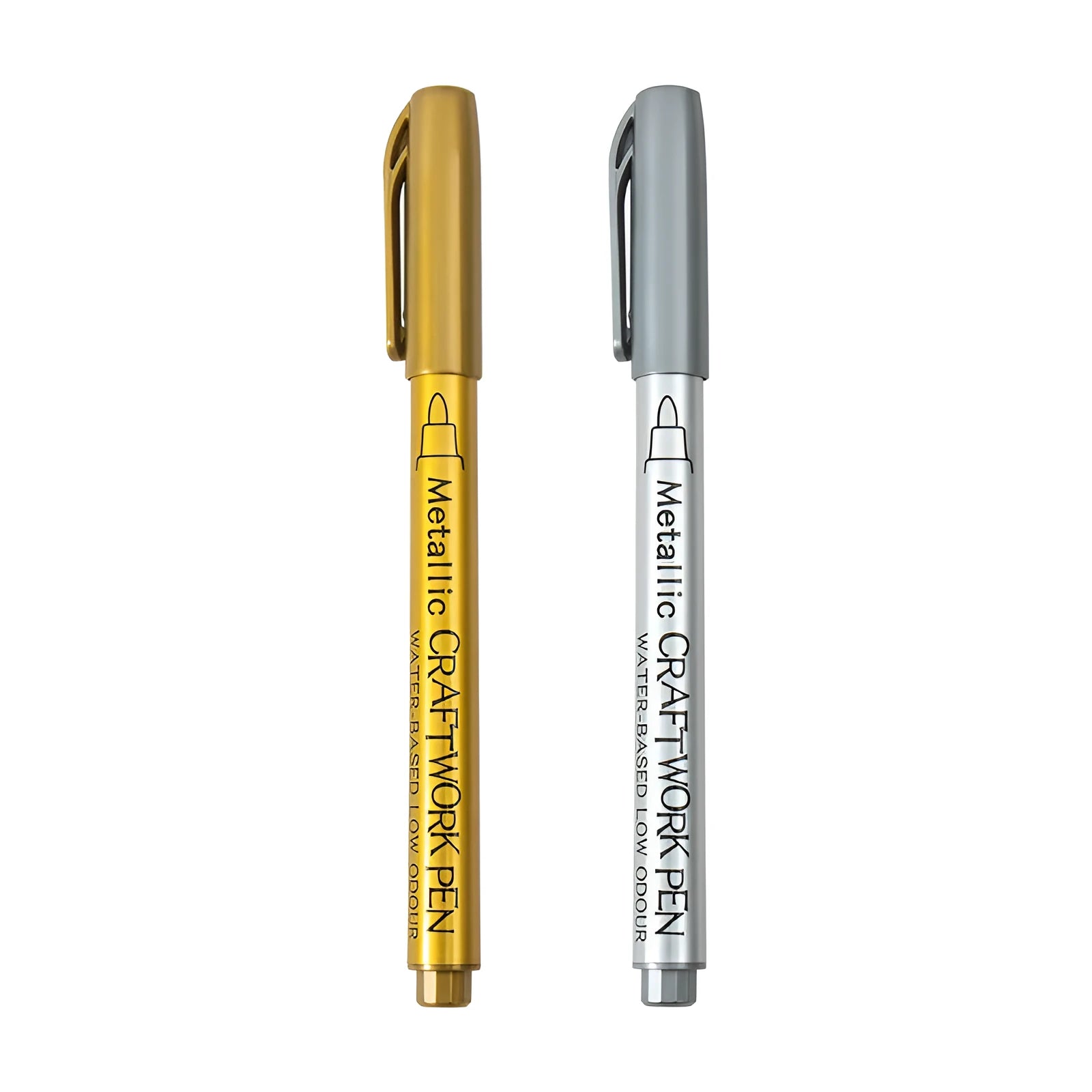 English Packaging metal paint pen with plastic shell, shown in gold and silver colour options.