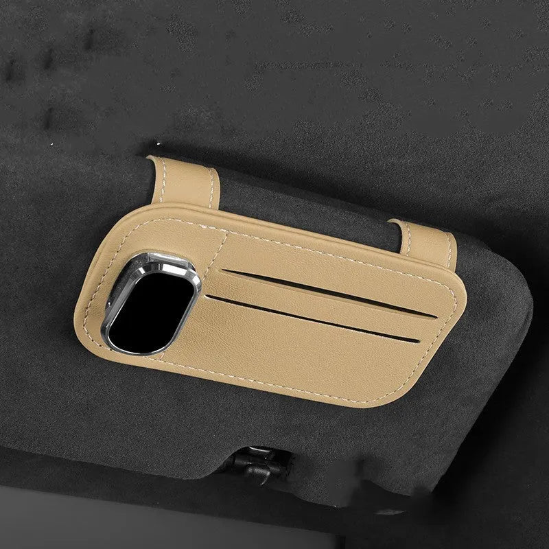 Leather sun louver card holder with glasses clip for car organisation in multiple colour options