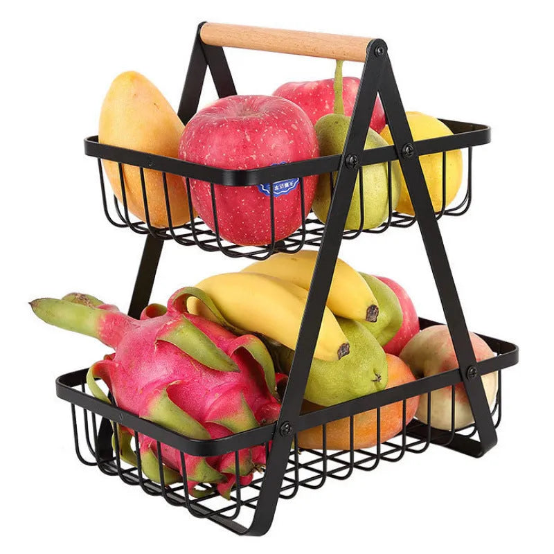 Black iron double-layer fruit basket with wooden handle, detachable storage rack for kitchen countertop
