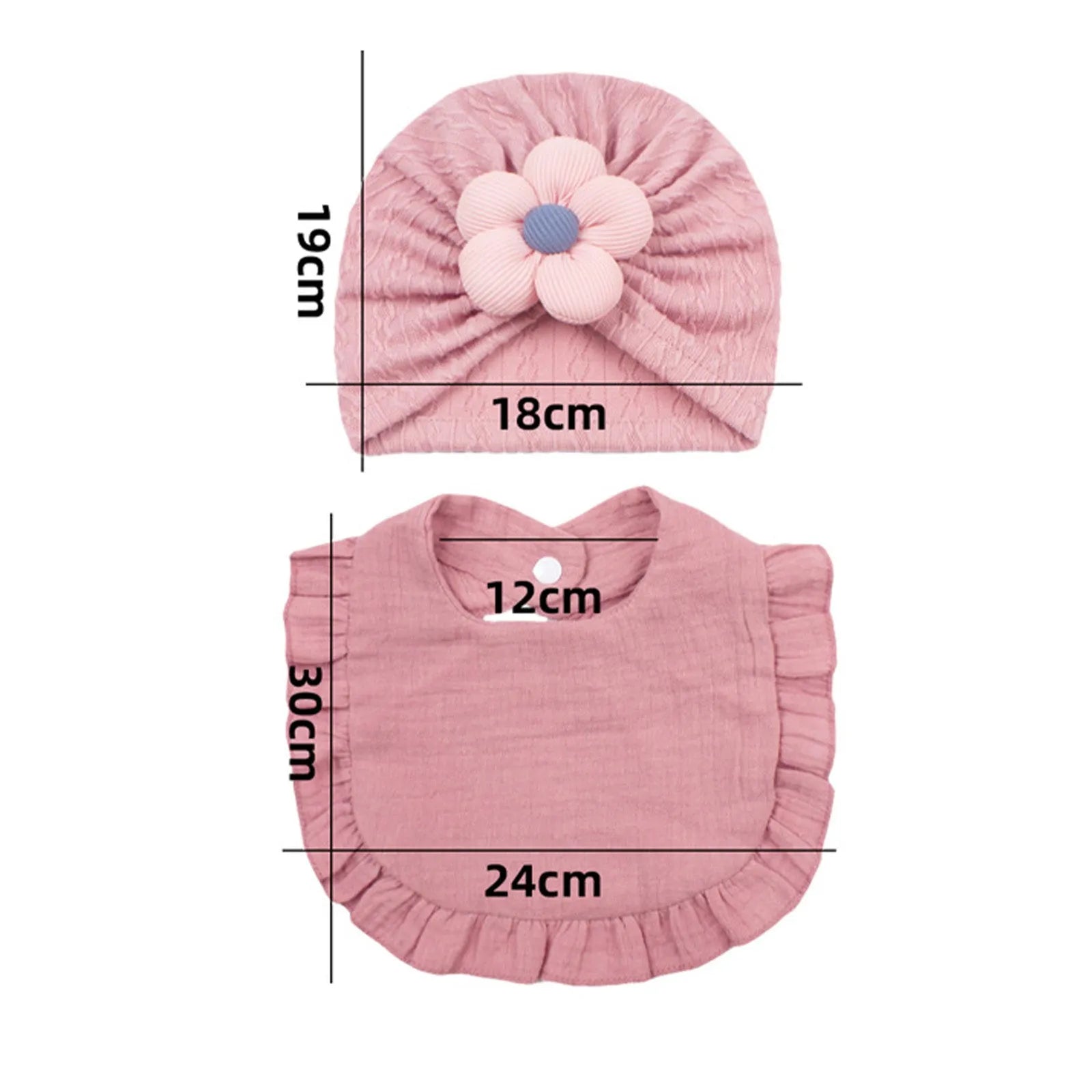 Newborn baby hat and bib set in organic cotton muslin with frilly lace trim