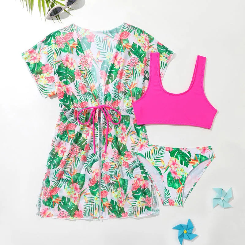 Girls' floral pattern two-piece polyester swimsuit for swimming ages 3-12 years