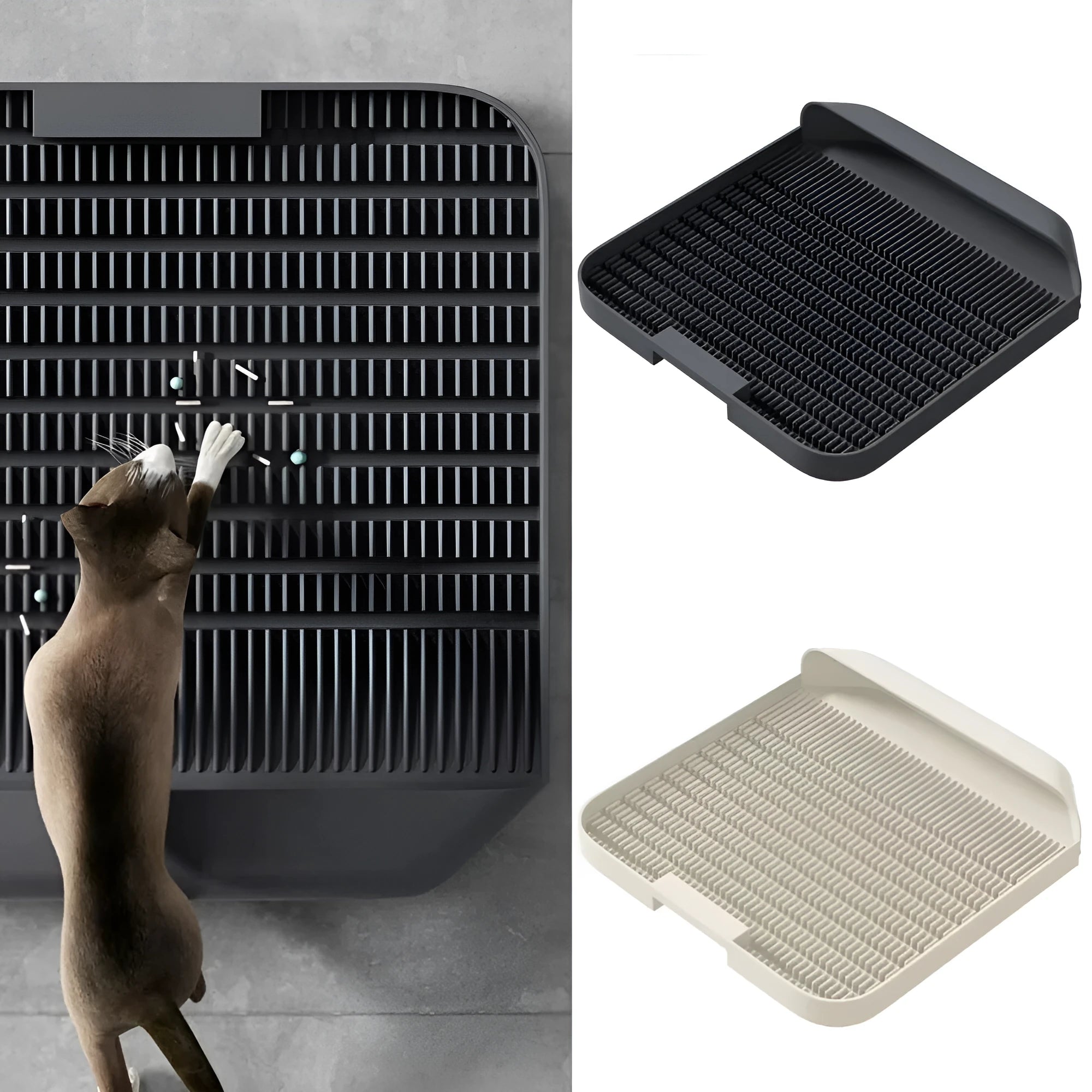 Large black cat litter pedal with slanted mouth and textured grooves beside a litter tray