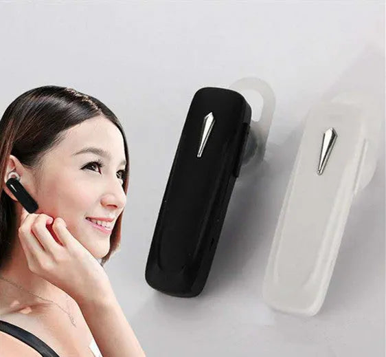 M163 Bluetooth car headset in black and white colour options on a car dashboard
