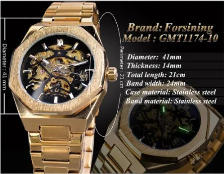 Men's mechanical automatic watch with skeleton dial, stainless steel case, genuine leather band, 41mm diameter